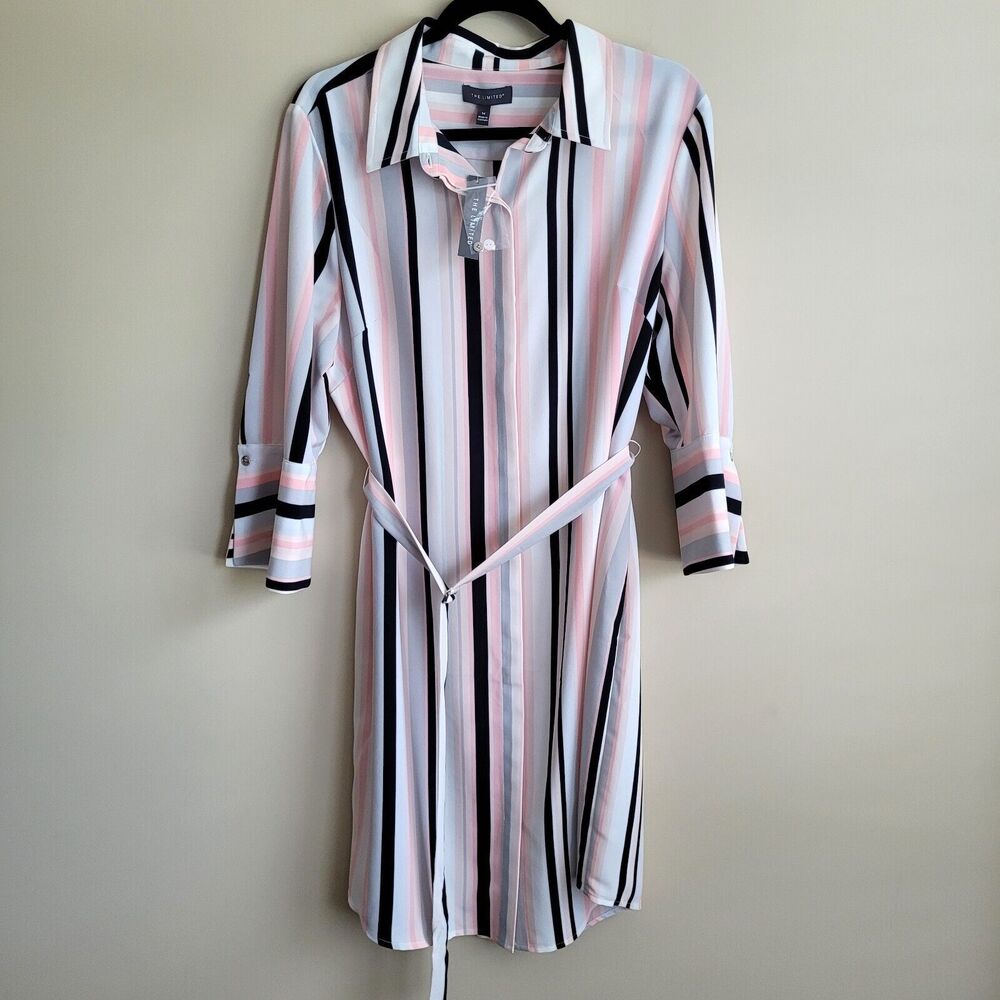 The Limited Womens Shirt Dress Size 14 Porch Stripe Pink Gray Black Belted NWT